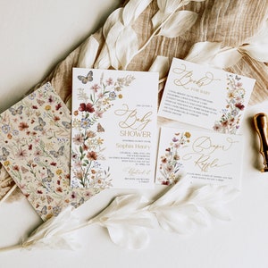 Wildblumen Baby Shower Einladung Bundle Boho Herbst Baby Sprinkle Invite Paket Rustikaler Garten Blumen Windel Verlosung Editierbare Vorlagen, WF1