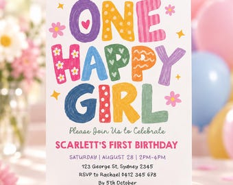 One Happy Girl First Birthday Invitation, Hand Drawn Fun to Be One Canva Template, FUN2