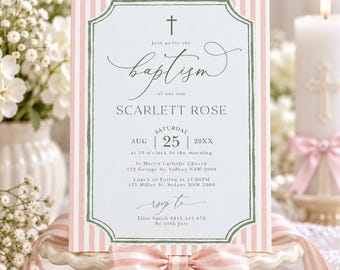 Pink Green Stripe Baptism Invitation, Girl Christening Invite, Digital Canva Template, PG1