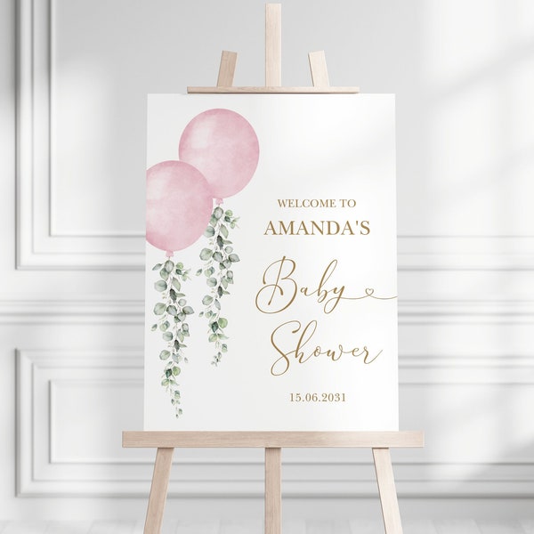 Girl Twin Balloons Baby Shower Welcome Sign Pink Balloon Eucalyptus EDITABLE TEMPLATE Twin Girls Printable Decor Instant Download BL2