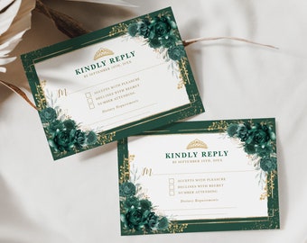 Puede incluir: Dos tarjetas RSVP verdes y doradas con diseños florales. El texto en las tarjetas dice "Kindly Reply by September 10th, 20XX".