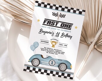 Fast One Racing Car First Birthday Invitation Boy 1st Birthday Vintage Blue Race Car Invite Racecar Printable Template Instant Download RC1