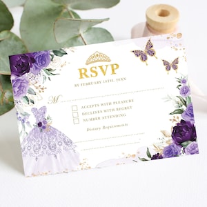 EDITABLE Purple Floral Quinceanera RSVP Card, Mis Quince Anos Insert Template, Lilac Gold Princess Tiara Corjl Printable Download, FLO9
