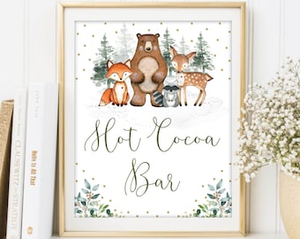 Heiße Kakao Bar Zeichen, Winter Wald heiße Schokolade druckbare, Wald Tiere Weihnachten Urlaub Party Tisch Zeichen sofortiger Download, WOOD14