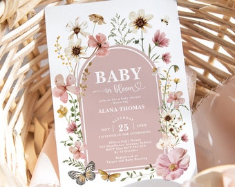 Wildflower Baby in Bloom Invitation Muted Blush Boho Baby Shower Invite Garden Flowers Butterflies EDITABLE TEMPLATE Download FLO32