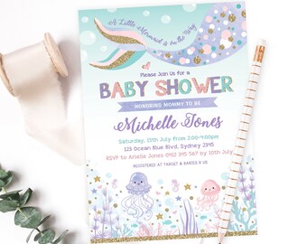 Invitation de douche de bébé sirène modifiable, invitation imprimable sous la mer, modèle de queue de sirène, paillettes violet or rose, océan, plage, MER6