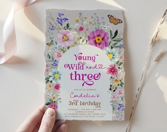 Zaproszenie na 3. urodziny Wildflower: Young Wild and Three Edytowalny szablon do pobrania, WF5