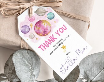 May include: Pink and gold space-themed thank you tag with the text "THANK YOU" and "for coming and celebrating and me!" with a handwritten signature that says "love, Stella Mia".