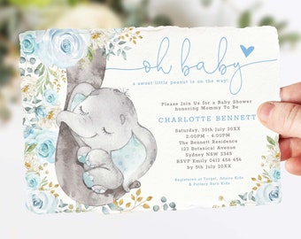 May include: A baby shower invitation with a watercolor illustration of a baby elephant sleeping on a tree branch. The invitation is decorated with blue and white flowers and has the text "oh baby" and "a sweet little peanut is on the way!" at the top. The invitation also includes the text "Please join us for a baby shower honoring Mommy to be Charlotte Bennett" and details about the event.