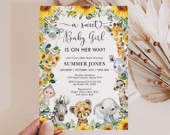 May include: A baby shower invitation with a watercolor illustration of a giraffe, zebra, lion, elephant, monkey, cheetah, and hippo surrounded by sunflowers. The text reads "a sweet Baby Girl is on her way!" and includes the name "SUMMER JONES", the date "SATURDAY | OCTOBER 15TH | 12PM-3PM", the address "The Jones Residence 1234 Safari Avenue, Sydney 2345", RSVP information, and registry details.
