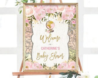 Travel Baby Shower Welcome Sign, Vintage Map Adventure Baby Girl Printable, Blush Pink Gold Floral Globe Decor, EDITABLE TEMPLATE, TRA1