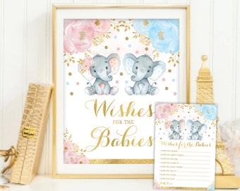 Twin Elephants Wishes for Babies, Elephant Twins Baby Shower, Twin Boy Girl Well Wishes Card and Sign, Pink Blue Gold INSTANT DOWNLOAD, EL6