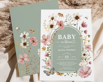 Wildflower Baby in Bloom Invitation Sage Green Boho Baby Shower Invite Blush Garden Flowers Butterflies EDITABLE TEMPLATE Download FLO32