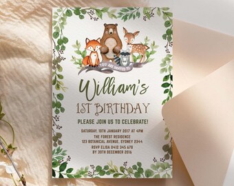 Botanical Woodland 1st Birthday EDITABLE Invitation. Greenery Forest Animals Printable Invite. Deer Fox Bear Raccoon INSTANT DOWNLOAD. BOT5