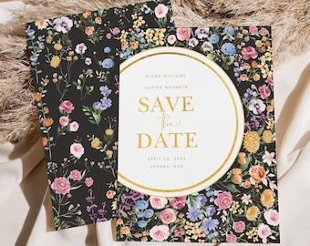 Save the Date Cards Digital Wedding Invitation Editable Template Colorful Flowers Garden Party Black & Gold Simple Luxury Foral Design FLO2