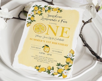 Modèle d’invitation au 1er anniversaire de citron, invitation à une fête de limonade au soleil, invitation imprimable aux agrumes d’été MODIFIABLE Téléchargement instantané, LMN2
