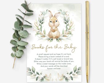 Greenery Bunny Baby Shower Books For Baby Card, Eucalyptus Rabbit Bring a Book Insert, Woodland Animal Printable INSTANT DOWNLOAD, BUN1