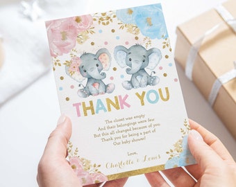 Twin Elephant Thank You Card, Boy Girl Twins EDITABLE TEMPLATE, Pink or Blue Elephant Baby Shower Printable Birthday Party Favor, EL6