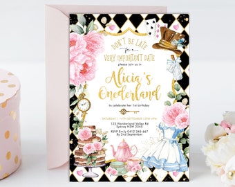May include: Alice in Wonderland themed first birthday party invitation with a black and white chequered background, pink flowers, and gold lettering. The invitation says "Don't be late for a very important date, please join us in Alicia's Onederland to celebrate her 1st birthday. Saturday, 14th September (2PM-4PM), 123 Wonderland Valley Rd, Sydney NSW 2345, RSVP Emily 0412 345 667 by 2nd September."