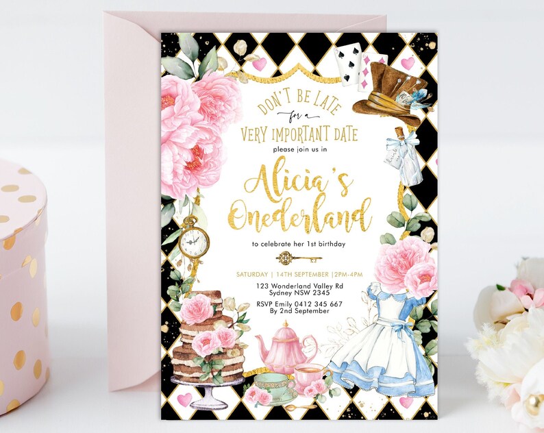 Editable Alice in Wonderland Birthday Invitation Onederland Girls 1st Birthday Invite Mad Hatter Tea Party Printable Template