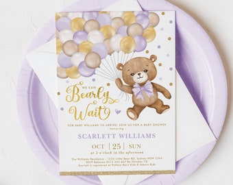 Purple Gold Teddy Bear Baby Shower Invite, Lavender Bear Balloons Invitation Printable, We Can Bearly Wait EDITABLE TEMPLATE Download, BR10