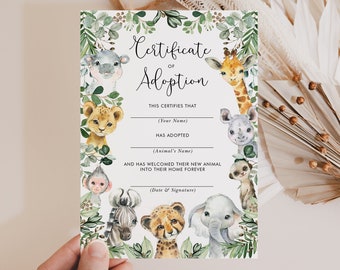 Adopt an Animal, Adoption Certificate, Safari Animals Wild One Birthday Party, Jungle Animals Birthday Boy Download Digital Printable, JUN13