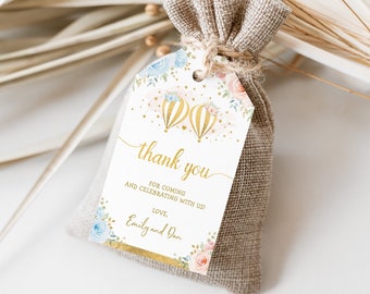 Editable Hot Air Balloon Twins Favor Tag Template, Blue Pink Floral Twin Baby Shower Thank You Tag, Boy Girl Gift Tag Download, HAB8
