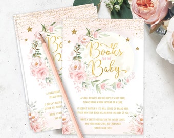 Moon Baby Shower Books For Baby Card, Blush Pink Floral Twinkle Twinkle Bring a Book Insert, Moon & Stars Printable INSTANT DOWNLOAD, MOON10