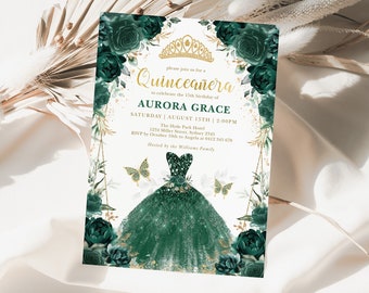 Emerald Green Quinceañera Invitation, Princess Dress Mis Quince 15 Anos EDITABLE TEMPLATE, Enchanted Forest Gold Crown Tiara Invite, FLO17