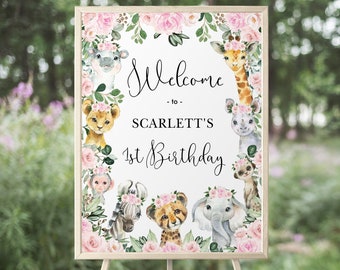 Girl Wild One Birthday Welcome Sign, Jungle Safari Party Animals Party Decorations, Pink Floral Printable Poster EDITABLE TEMPLATE, JUN16