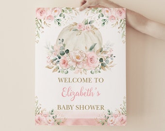 パンプキン ベビーシャワー ウェルカム サイン、ブラッシュ ピンクの花 女の子 1 歳の誕生日デコレーション、ローズ ゴールド 秋 編集可能テンプレート ダウンロード、PUM5