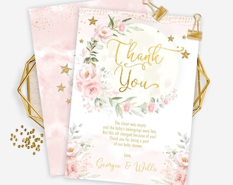 EDITABLE Moon Baby Shower Thank You Card Template, Twinkle Little Star Blush Pink Floral 1st Birthday Printable Favor Download, MOON10