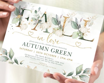 Fall in Love Bridal Shower Invitation, Greenery Pumpkin Wedding Shower Invite, Autumn Eucalyptus Gold Leaves Editable Download, PUM4