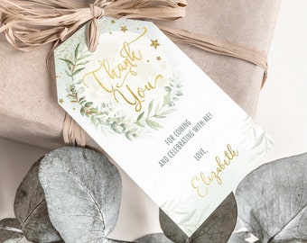 May include: A thank you gift tag with a watercolor design of a moon and greenery. The text reads "Thank You" in gold script with gold stars and "For coming and celebrating with me! Love, Elizabeth".