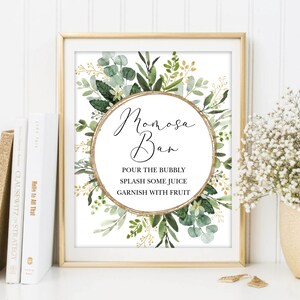 Greenery Mom-osa Bar Sign, Mum-osa Bar imprimible, Decoraciones de baby shower de eucalipto, Bosque botánico de género neutro imprimible Descargar GR3