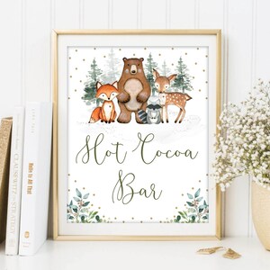 Signo de barra de cacao caliente, chocolate caliente del bosque de invierno imprimible, animales del bosque fiesta de Navidad signo de mesa descarga instantánea, WOOD14