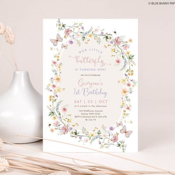 Butterfly 1st Birthday Invitation Wildflower Butterfly First Birthday Party Invite Pastel Spring Garden Flowers EDITABLE TEMPLATE, WF2