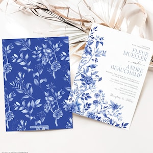 Delft Blue Chinoiserie Wedding Invitation, Blue Floral Porcelain Invite Template, Birds Peony China French Toile EDITABLE Printable, BW1