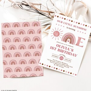Dusty Pink Boho Rainbow Einladung zum 1. Geburtstag Muted Blush Rainbow Party Invite Printable EDITIERBARE VORLAGE Corjl Download, RA2