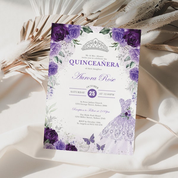 Silver Purple Quinceañera Invitation Template, Lavender Crown Princess Dress Mis Quince 15 Anos Birthday Invite EDITABLE TEMPLATE, FLO9