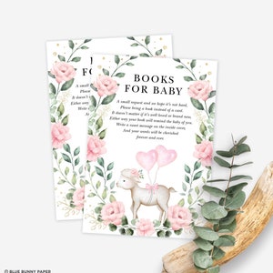 Lamb Baby Shower Books for Baby Card, Pink Floral Bring a Book Printable, Eucalyptus Baby Girl Lamb & Balloons INSTANT DOWNLOAD, GR8