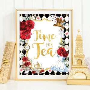 Tempo per il tè, compleanno floreale rosso di Alice nel Paese delle Meraviglie, cartello del Tea Party del Cappellaio Matto di Onederland, decorazioni per la doccia per bambini, download stampabile, AL4