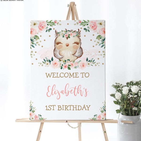 EDITABLE Girl Owl Birthday Welcome Sign, Blush Gold Floral Owl 1st Birthday Party Printable Corjl Template Instant Download, OWL1