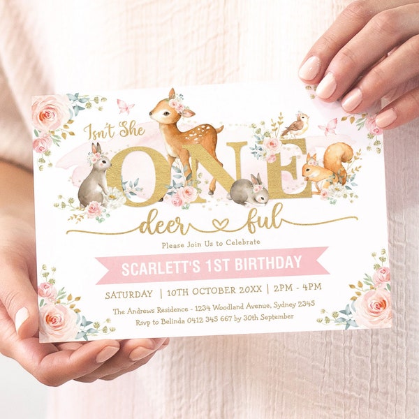 One-deer-ful Birthday Invitation, Blush Floral Woodland Deer 1st Birthday Invite, Pink Gold Forest Animals Party EDITABLE TEMPLATE, WOOD16