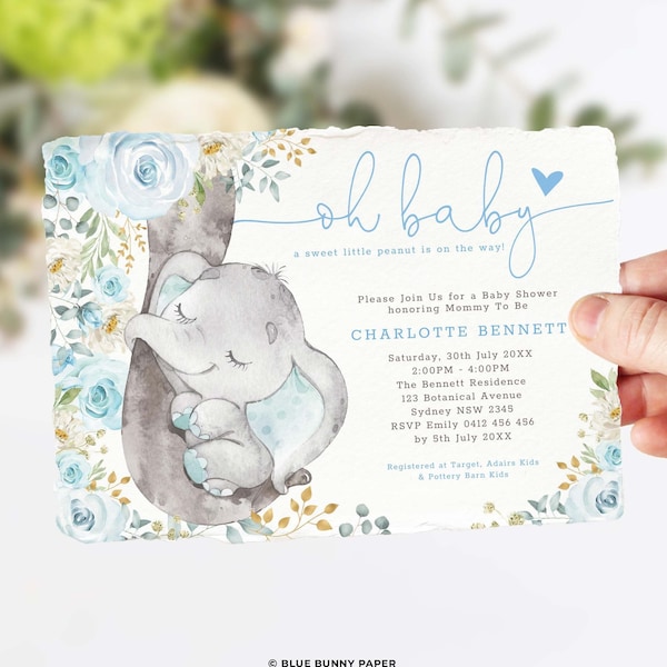 Boy Elephant Baby Shower Invitation Template. EDITABLE Blue Floral Roses Jungle Elephant Printable Invite. Blue and Gold Shower. EL8