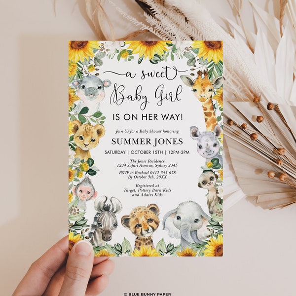 Sunflower Jungle Baby Shower Invitation, Wild Safari Animals Party Invite, Summer Floral Greenery Printable Download EDITABLE TEMPLATE, SUN8