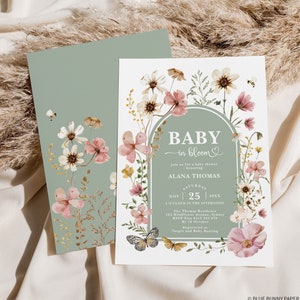 Wildflower Baby in Bloom Invitation Sage Green Boho Baby Shower Invite Blush Garden Flowers Butterflies EDITABLE TEMPLATE Download FLO32