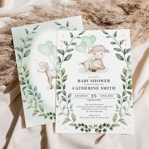 Lamb Baby Shower Invitation, Greenery Wreath Gender Neutral Invite, Baby Sheep & Ballons EDITABLE TEMPLATE Printable Download, GR7