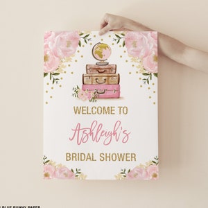 Travel Bridal Shower Welcome Sign, Miss to Mrs Destination Wedding Shower Decoration, Blush Pink Flowers Suitcase EDITABLE TEMPLATE, TRA3