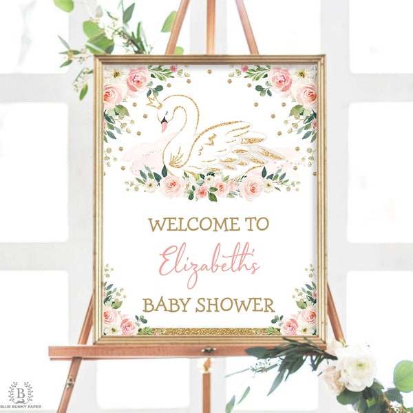 EDITABLE Swan Princess Welcome Sign, Blush Pink Floral Baby Shower Decorations, Girl 1st Birthday Party Decor Template Download, SWAN1